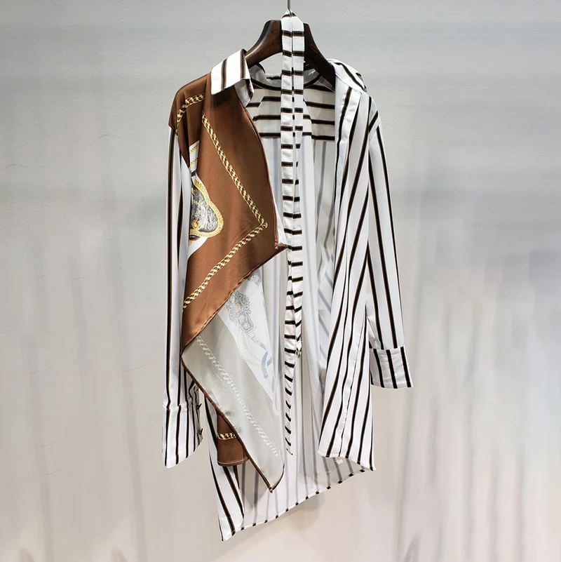 LANMREM Новая модная полосатая рубашка с завышенной талией для женщин, женская длинная блуза с длинным рукавом и поясом YH024