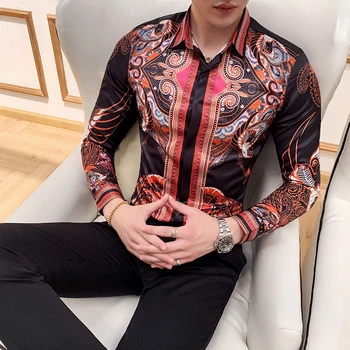

Flowers Mens Designer Shirts Silk Men Korean Fashion New Club Camisa Social Design Printed Shirts Mens Casual Satin Shirts