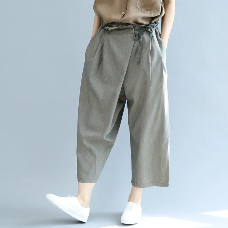 

#2154 Summer Indie Folk Cotton Linen Wide Leg Pants Women Lace Up Waist Thin Big Size Loose Ankle-length Trousers Femme Black