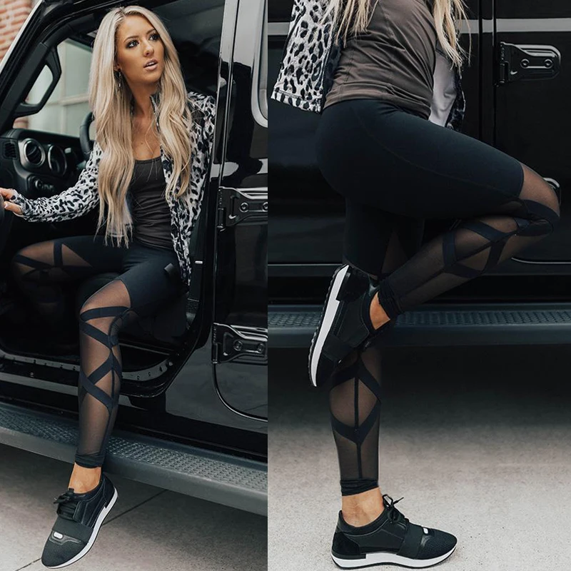 

Women Legging Solid Black Mesh High Waist Slim Fitness Leggings Trousers