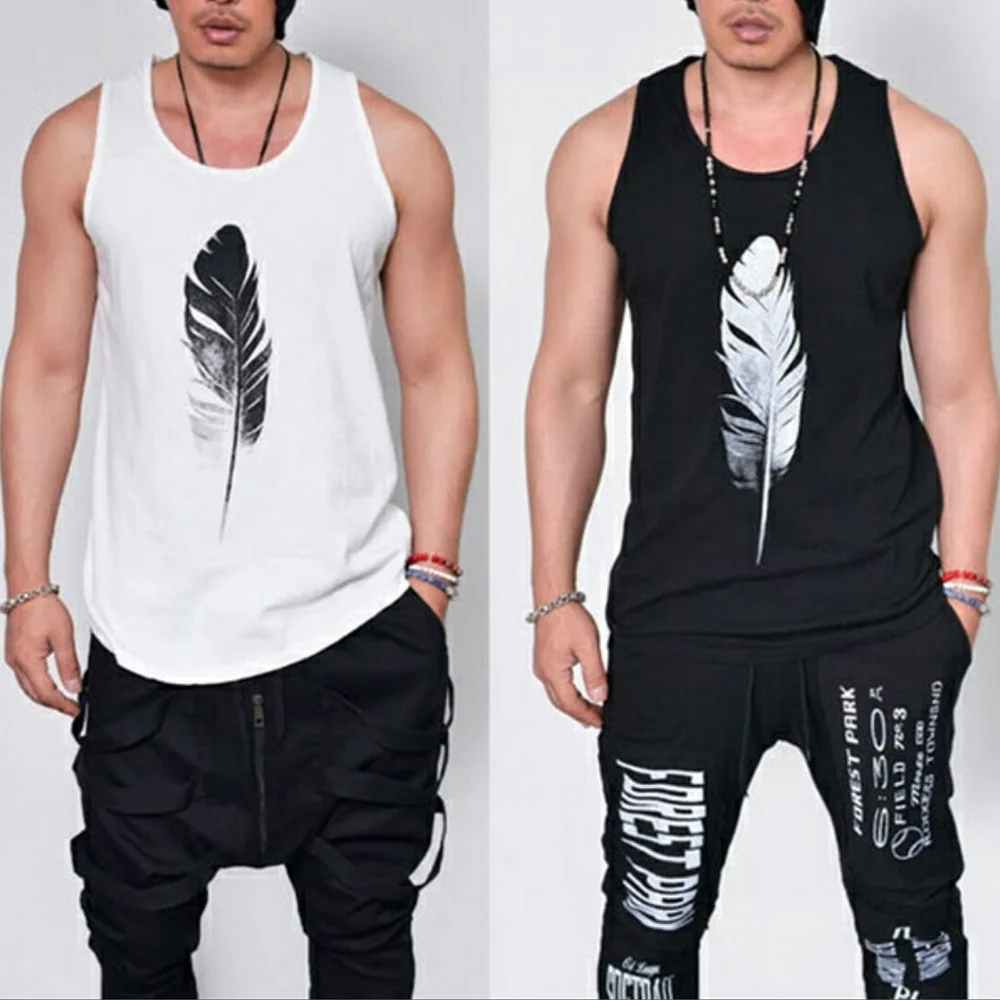 

Men Bodybuilding Tank Top Gym Clothing Man Tank Tops Casual Fitness Clothes Feather Printed Pattern stringer musculation Wear