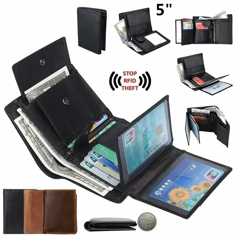 

New Style Plus Size Men's Wallet RFID Blocking Genuine Leather Trifold Business Short Wallet