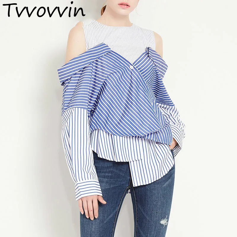 TVVOVVIN مخطط قميص ل بلوزات غير مغطية للكتف طويلة الأكمام خليط غير النظامية بلوزة مثير الصيف 2019 الكورية قمم الملابس L244