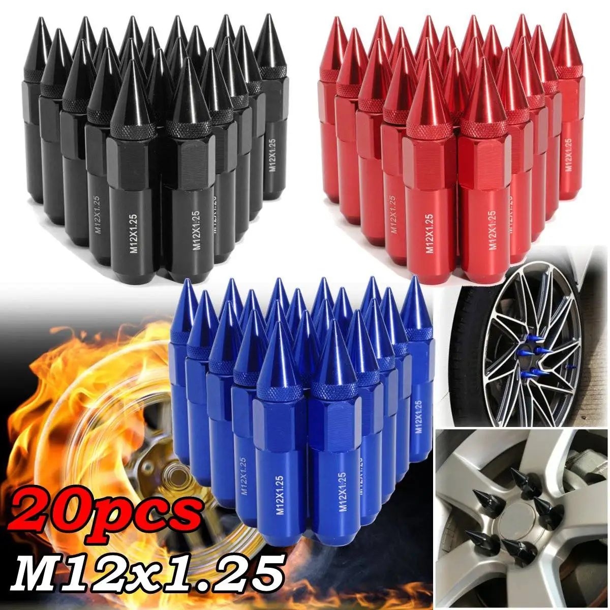 

20Pcs Aluminum M12X1.25 Car Wheels Rims Lug Nuts Spiked 60mm Extended Tuner