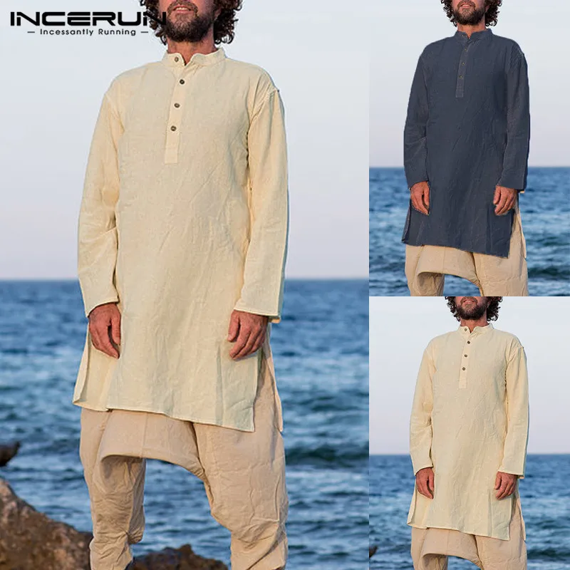INCERUN Men Linen Cotton Blouse Baggy Kaftan T-shirt Casual Tops Shirt Plus Size