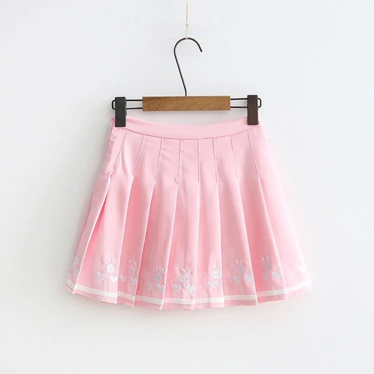 2019 Summer Pink Girl Cute Rabbit Short Skirt Women A-Line Mini Skirts Solid Preppy Style High Waist Pleated Skirts