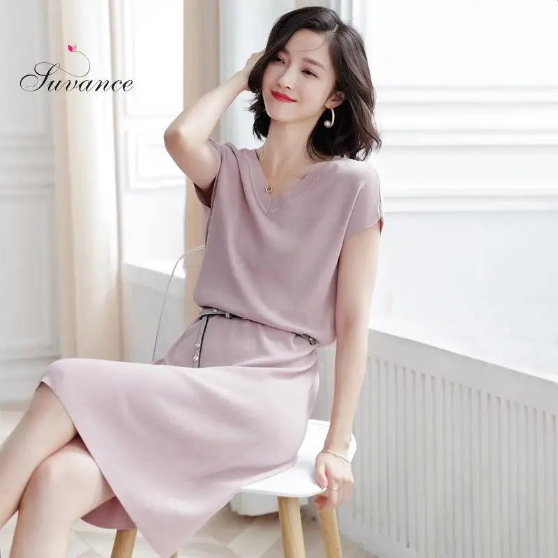 

Suvance 2019 Spring Fashion Knitted V Neck Short Sleeve Office Lady 4 Solid Color Slim Women Mid Dress Jl-xy1398