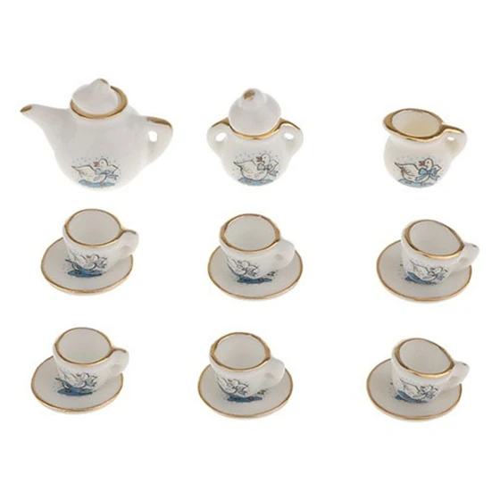Set of 15pcs Dolls House Miniature Porcelain Tableware Coffee Tea Cup