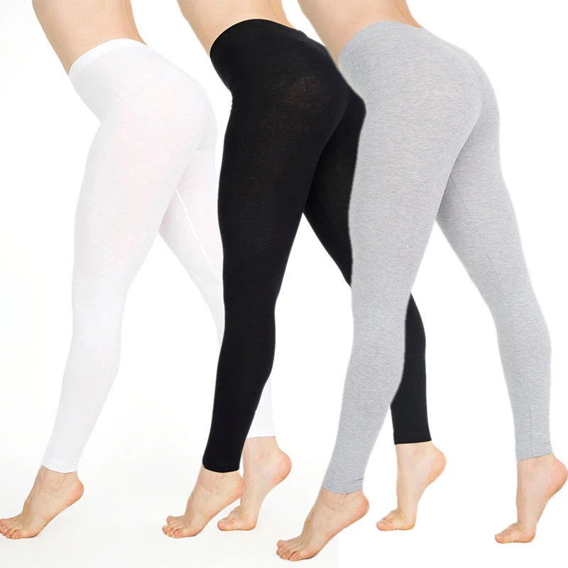 Women/'s Full Length  High Waist Cotton Leggings Plain Pants 12//14 UK