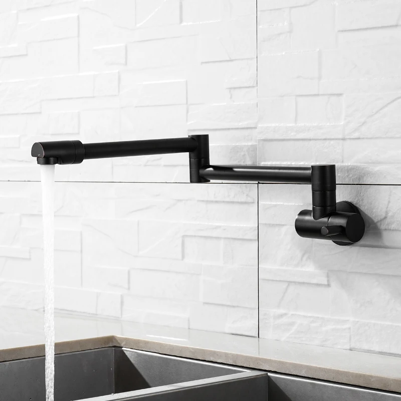 Billig Freies Verschiffen 360 Grad Rotierenden Schwarz Wand Montiert Einzigen Kalten Wasser Massivem Messing Swivel Folding Küche Waschbecken Becken Wasserhahn