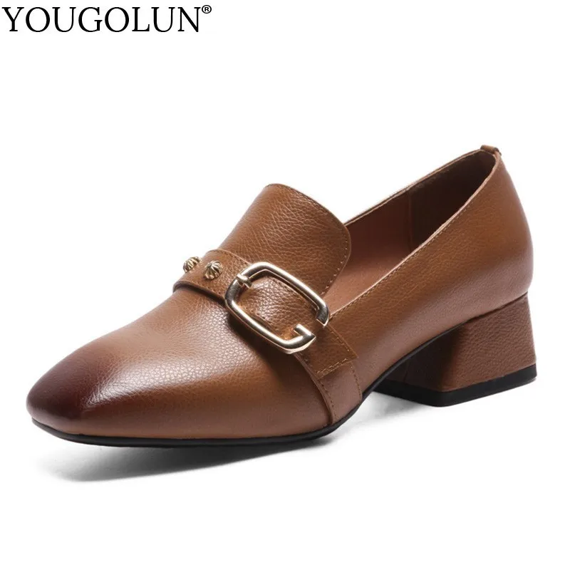 

YOUGOLUN Genuine Leather Women Pumps New Arrived Black Brown Casual Shoes Fashion Woman Metal Buckle Square toe Mid Heel B284