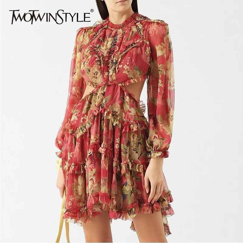 

TWOTWINSTYLE Casual Print Backless Bandages Women Dress Stand Lantern Sleeve Ruffles Mini Dresses Female Fashion 2019 Spring