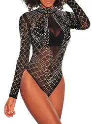 Весна 2019 женский, Черный со стразами Studded Bodysuit сексуальный сетки Длинный комбинезон с рукавом клуб модное, с высоким воротником легкий