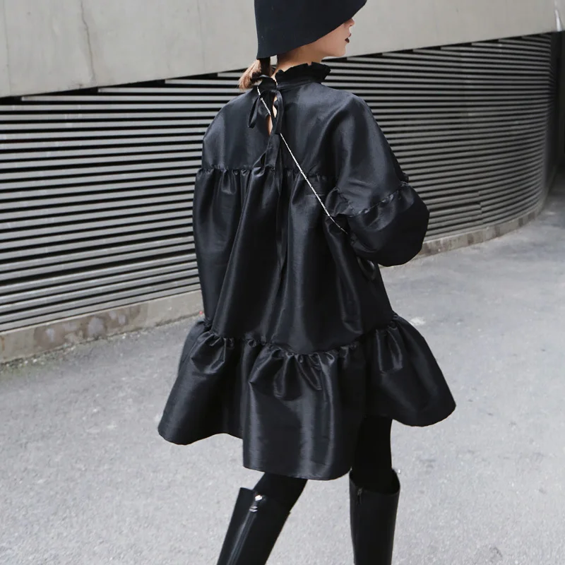 [EAM] 2019 New Spring Winter Stand Collar Long Puff Sleeve Black Loose Hem Ruffels Stitch Loose Dress Women Fashion Tide JK852