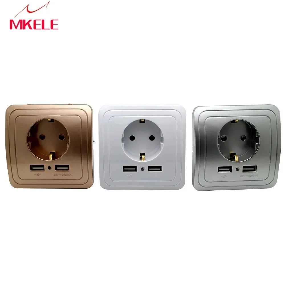 

New Product Three Colours EU Standard Dual USB Port Wall Charger Wall Power Socket 16A 2000mA Smart Home Wholesale Free Shipping
