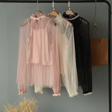 ^#Cheap 2019 New Women Beading Mesh Solid Chiffon Shirt Turtleneck High Collar Lantern Sleeve Pleated Blouse Transparent Two Piece Tops ^#Cheap 2019 New Women Beading Mesh Solid Chiffon Shirt Turtleneck High Collar Lantern Sleeve Pleated Blouse Transparent Two Piece Tops