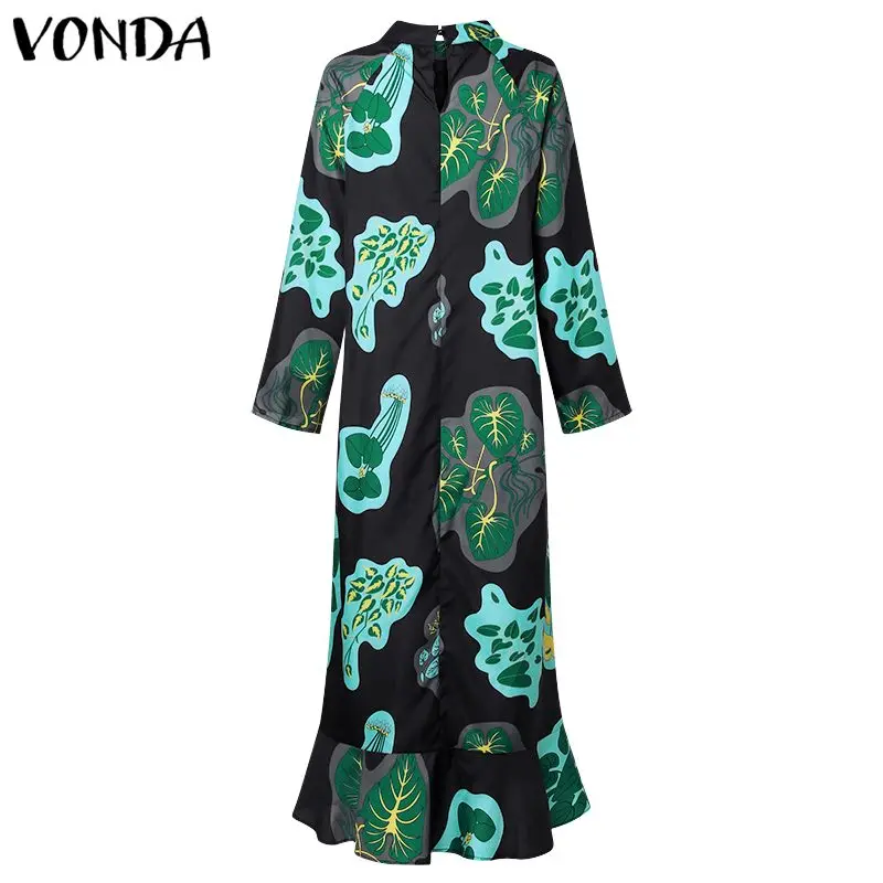 VONDA Summer Dress Women Long Maxi Dress Vintage Floral Printed Long Sleeve Loose Beach Sundress Plus Size Casual Vestidos