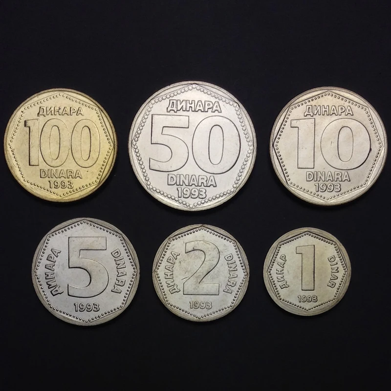 

Yugoslavia Set 6 PCS Coins, 1 2 5 Litas, 10 50 100 Dinara, Europe, 1993 UNC, Collectibles, Special Gift, Original Genuine coins