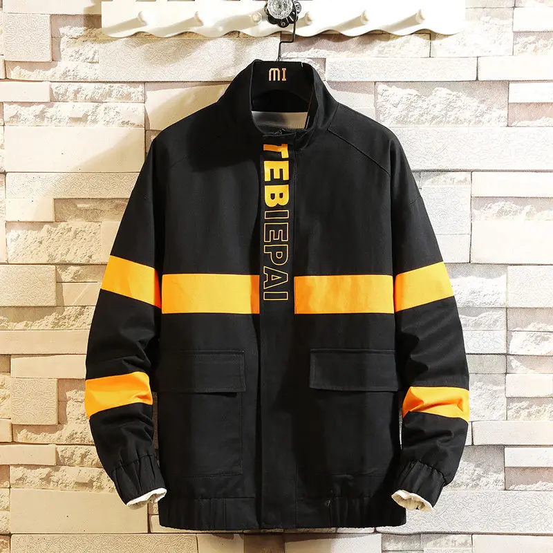 

#2976 Spring Baseball Jacket Men Zipper Hip Hop Stand Collar Loose Black Yellow Letters Printed Harajuku Windbreaker Streetwear