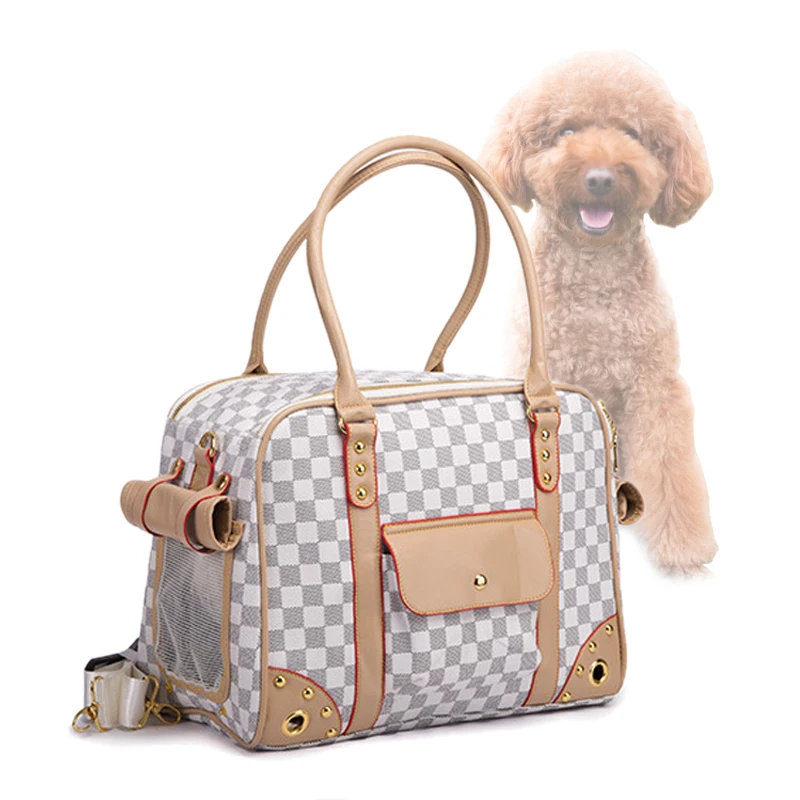 

Embossing High End Pet Bag Car Carrying Multifunctional Dog Bag Travel Brand Dog Carrier Dog Bags For Small Dogs Coffee/white