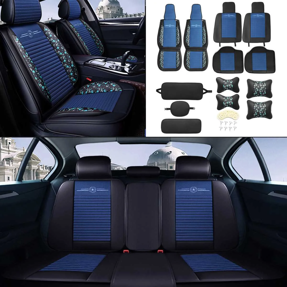 

Full Set Car Seat Covers Leather Front & Rear Seat Cushion Set Headrest Sets For All 5 Seats Car Interior Accessories