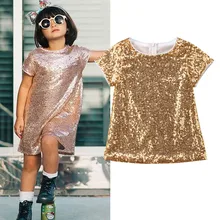 Стильное платье с золотыми блестками для маленьких девочек летнее праздничное платье с короткими рукавами, торжественное платье, сарафан От 1 до 5 лет