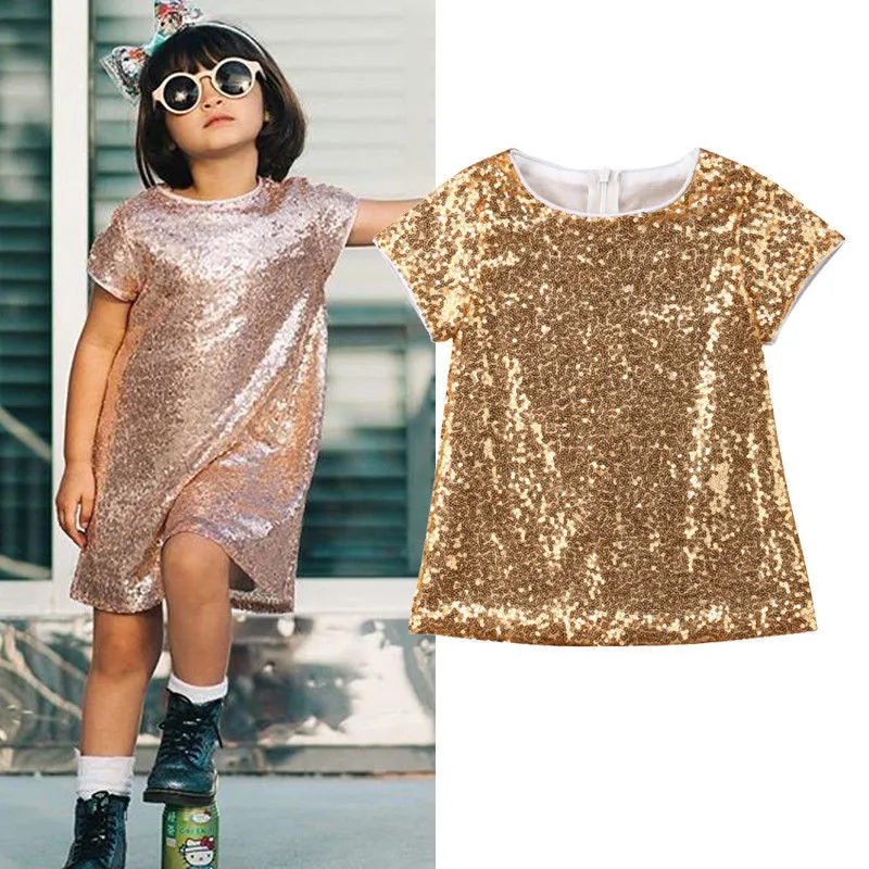 

2019 Stylish Baby Kids Girl Gold Sequins Dress Summer Short Sleeve Party Pageant Gown Formal Dress Sundress 1-5T