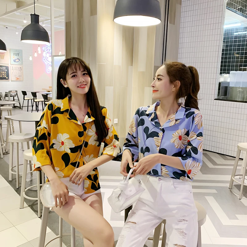

Beach style summer and autumn female small fresh blouse female retro shirt short-sleeved printed loose shirt