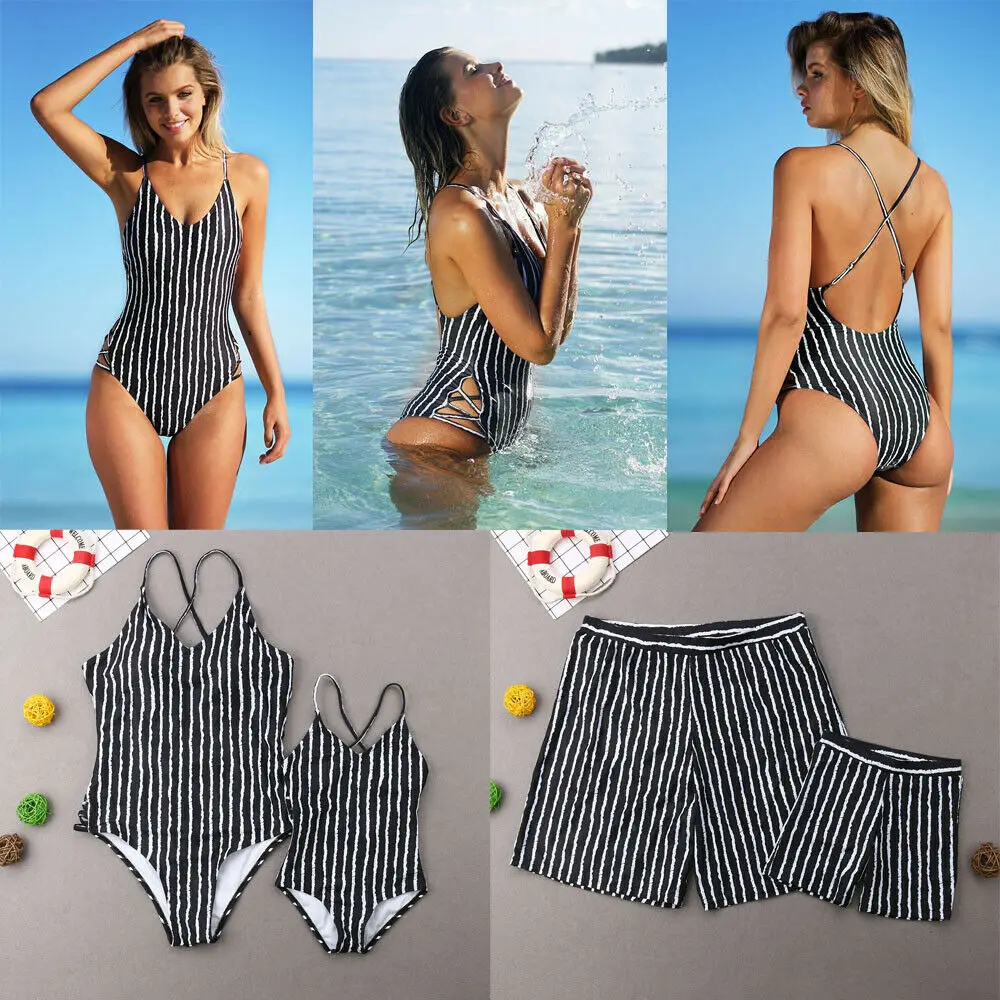 

Newest Bikini 2019 Family Matching Swimwear Mother Daughter Father Son Matching Women Kid One Piece Striped Swimsuit Men Trunks