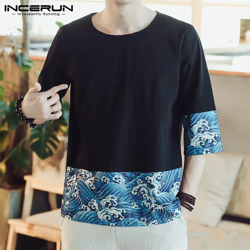 

INCERUN Janpan Style Mens Casual Loose Tee Tops Half Sleeve Cotton O Neck T-Shirts Patchwork Floral Print Plus Size L-5XL