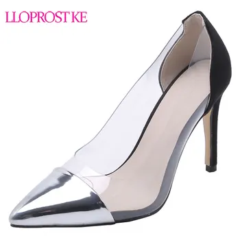 

Lloprost ke 2019 Summer Transparent Patent PU Slip on Sexy Thin High Heel Shallow Pumps Party Ladies Shoes Stiletto Heels H240