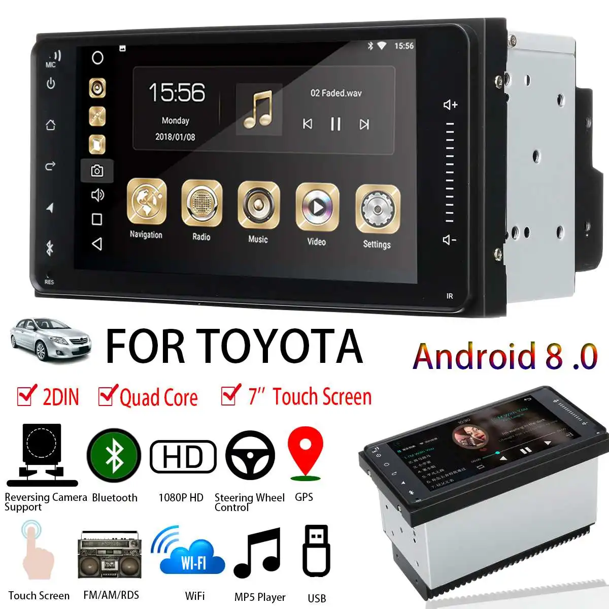 

7'' for Android 8 Car Stereo for Toyota 2DIN Blutooth WIFI GPS Nav Quad Core Radio Video MP5 Player Car Multimedia Player