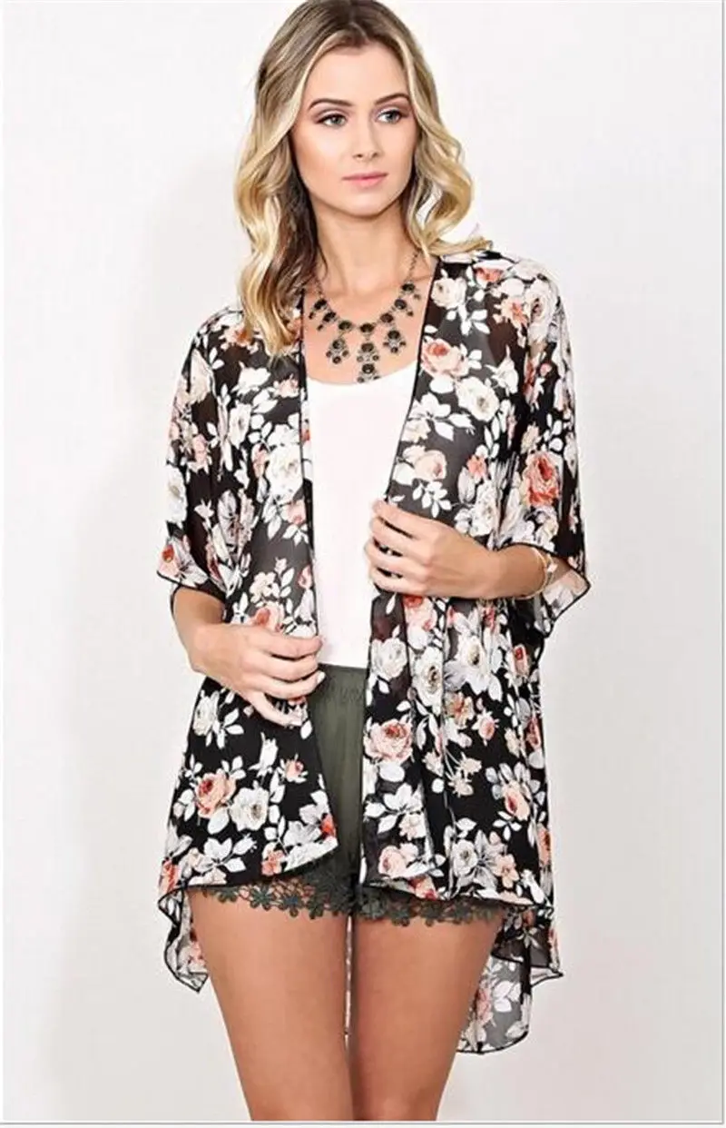 

Women Floral Chiffon Kimono Cardigan Blouse Beach Bikini Cover Up Tops Wrap
