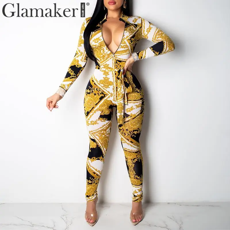 

Glamaker Vintage print overalls for women jumpsuit romper One-piece bodycon sexy jumpsuit long sleeve new summer jumpsuit female