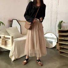 Корейская версия женская одежда модный бренд Летний темперамент ленты галстук талии сетки Свободные Твердые империя плиссированные юбки