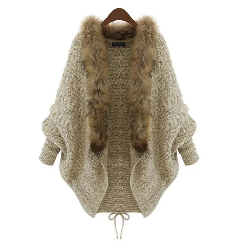 

New Europe America Sweater Large Plus Size Women Knit Cardigan Bat Batwing Sleeve Faux Fur Collar Knitted Sweater Coat Cardigans