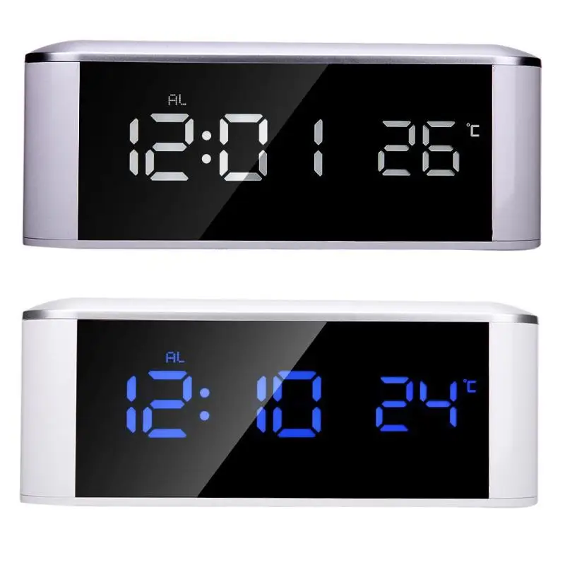 LED Mirror Alarm Clocks Temperature Sounds Control Desktop Clock Night