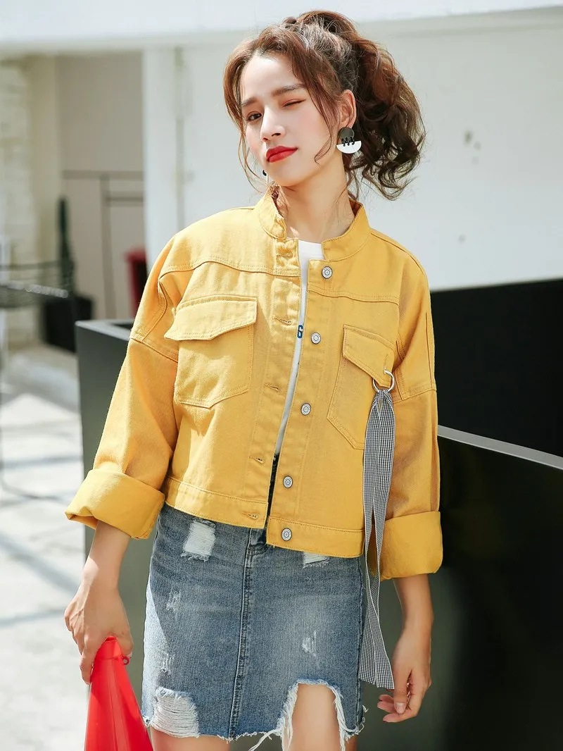 

New Korean Style Denim Jacket Loose Fresh Yellow Student Denim Jacket Female Fashion Baseball Uniform