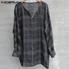INCERUN, мода, мужские футболки с длинным рукавом, базовые, в клетку, повседневные, свободные, Ретро стиль, хип-хоп, футболки, топы размера плюс L-5XL