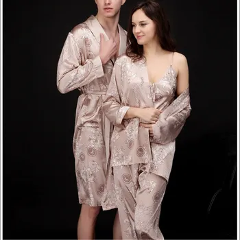 

Spring Print Rayon Thin Couple Sleepwear V-Neck Women Long Sleeve Pajamas Sets