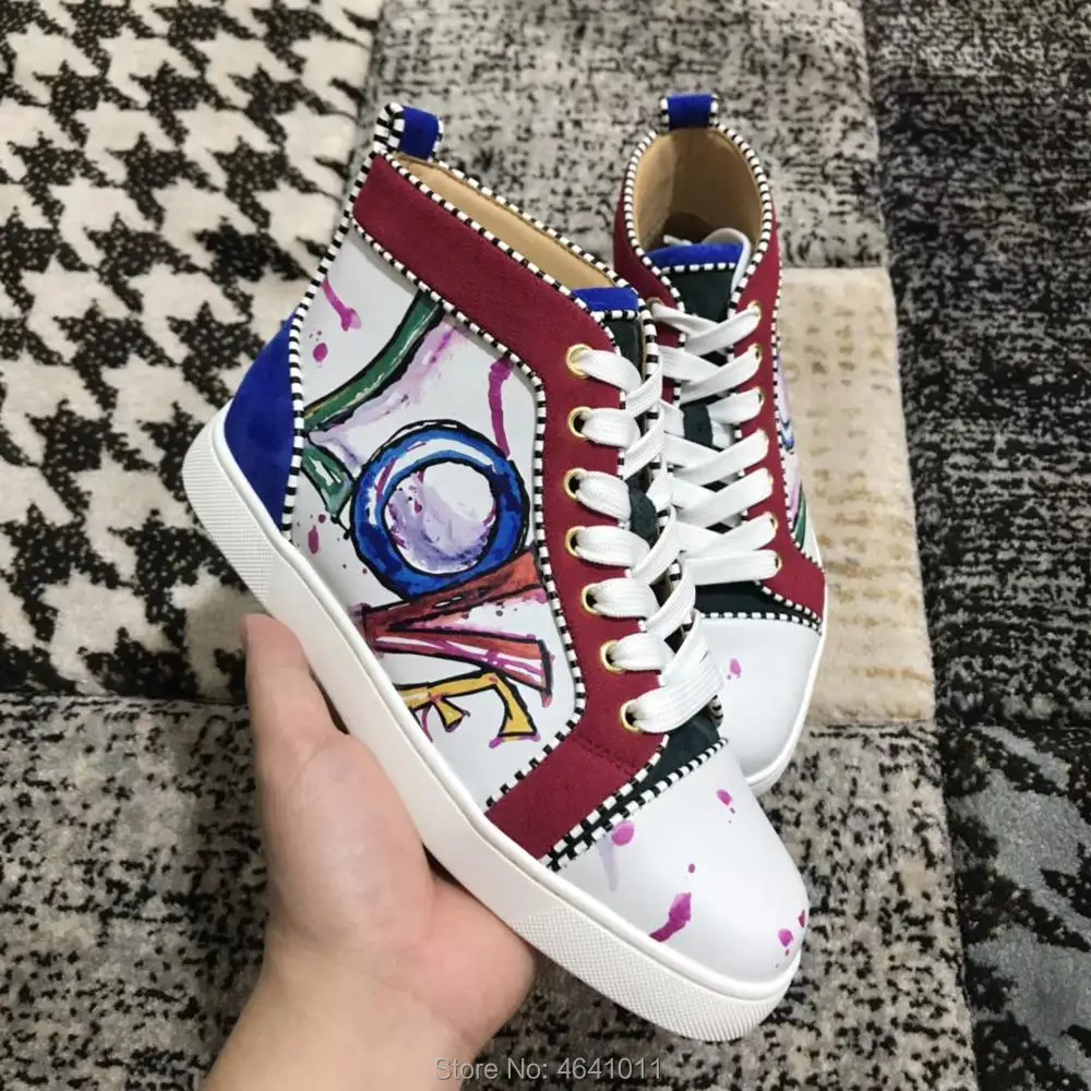 

High-top shoes cl andgz Lace-Up White LOVE Graffiti badge Rivets Red bottom For men Shoes sneakers Leather Flat Loafers 2018