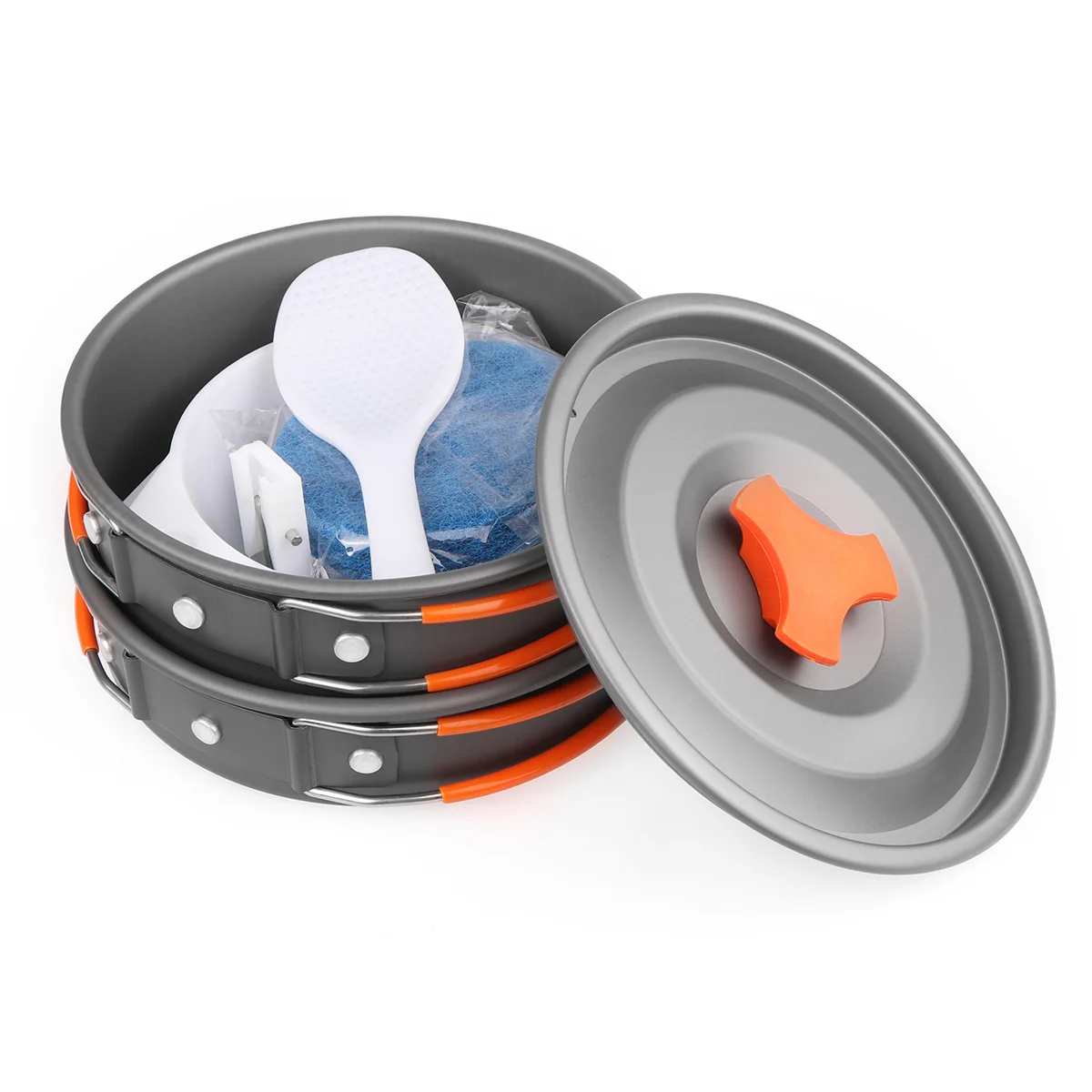 

Camping Cooking Pot Pan Set With Bag Cook Food Soup Plastic Spoon Camp Supplies Plastic Bowls Cleaning Sponge Outdoor Activities
