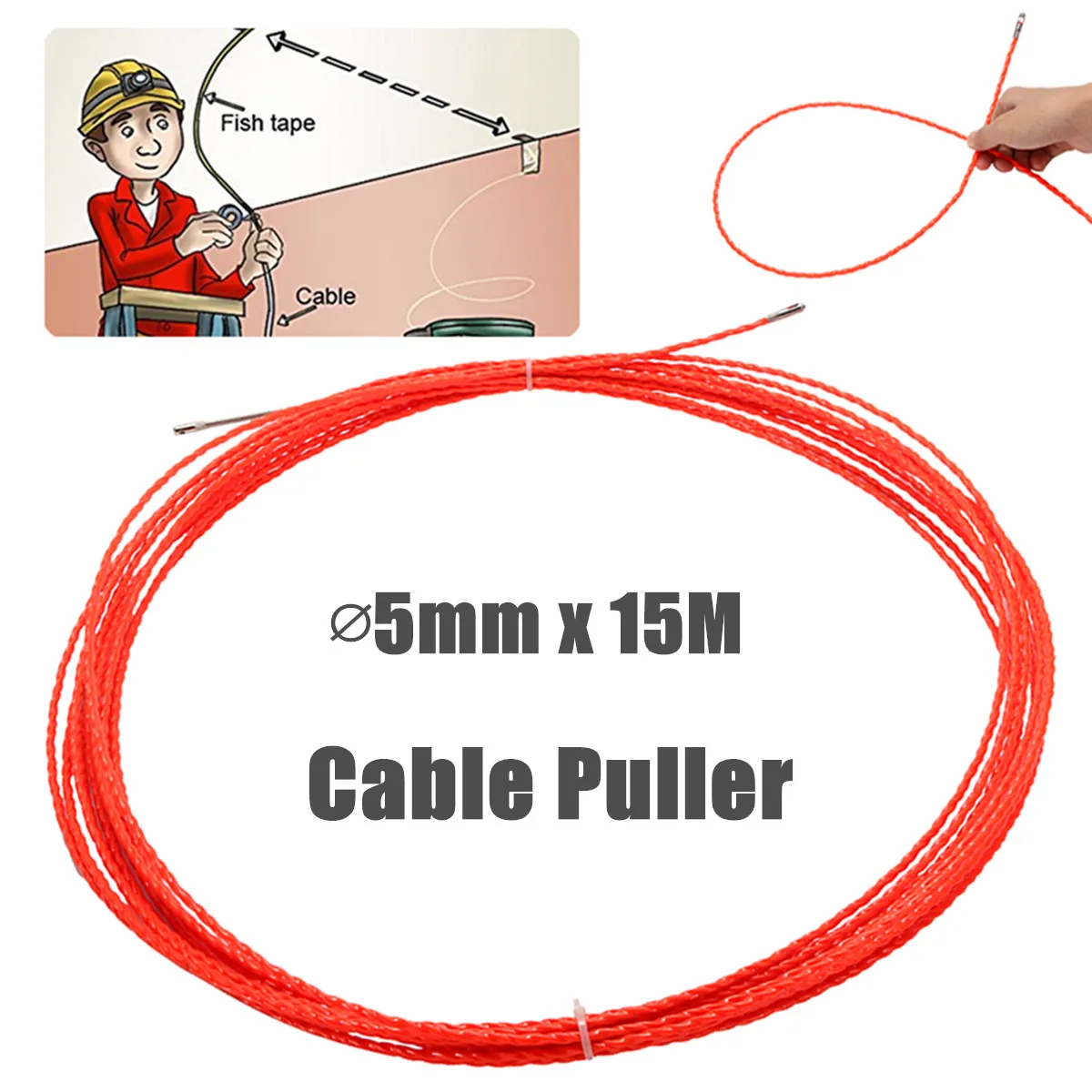 

5mm 15M Professional Cable Push Puller Rodder Reel Conduit Snake Fish Tape Wire Cabling Tools Electrical Wiring Accessories