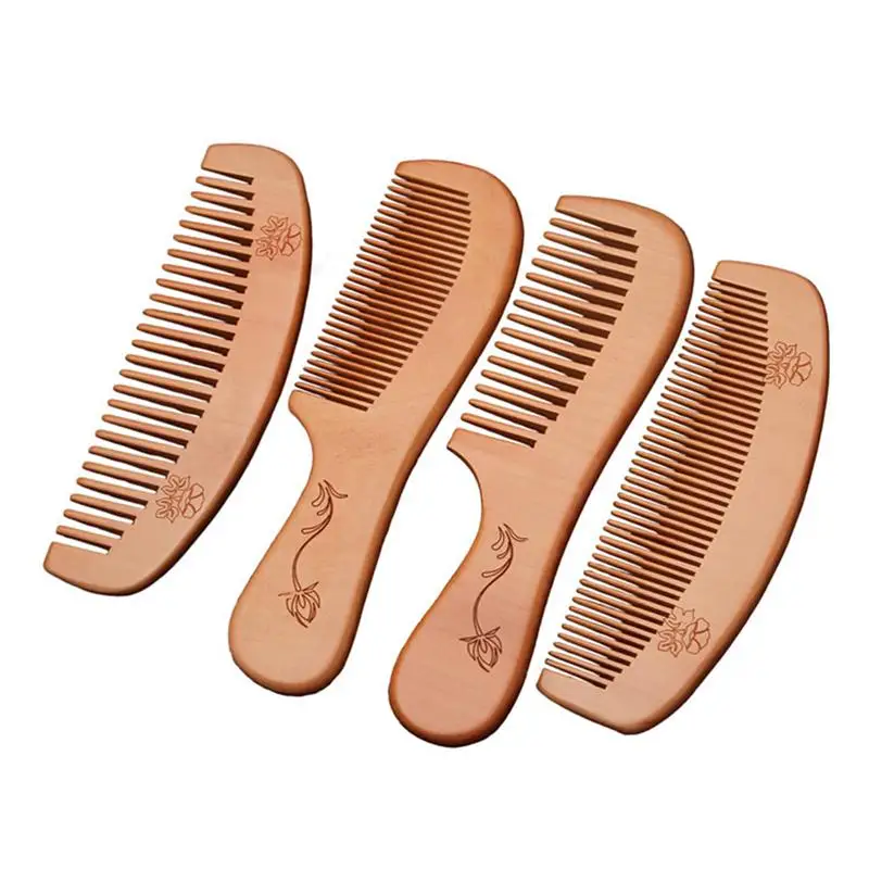 

4Pcs Peach Wooden Combs Carved Pocket Wood Comb Anti-static Massage Combs