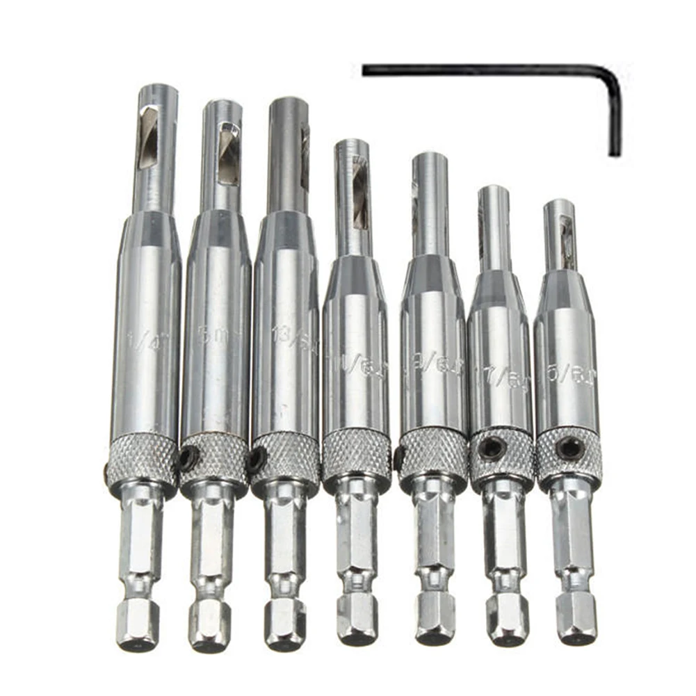

7Pcs Woodworking Hole Guides Hinge Hardware HSS Cabinet Door Drill Bit 1/4" Hex Shank Self Centering