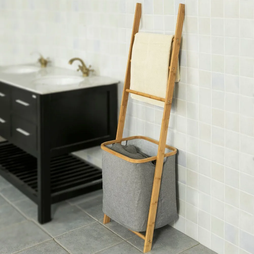 

SoBuy FRG263-N Bathroom Storage Shelf Towel Holder with 3 Hanging Rails and Removable Laundry Basket