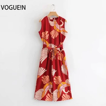 

VOGUEIN New Womens O-Neck Crane Print Sleeveless Belt Wide-legging Jumpsuit Playsuits Wholesale