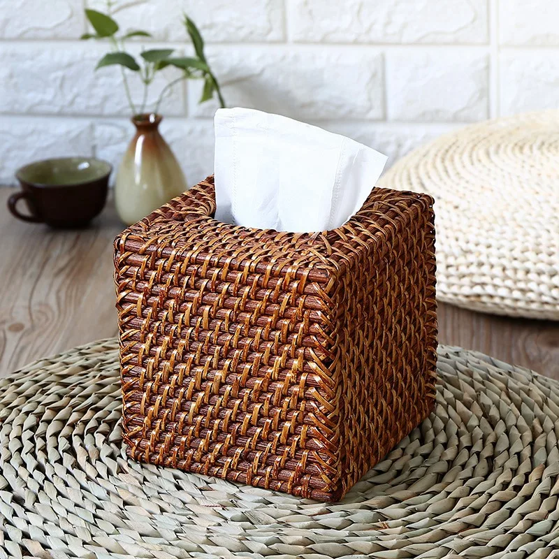 

American Design Rattan Handmade Tissue Box Woven Square Trays Bottomless Desktop Napkin Box Brown 15x15Cm
