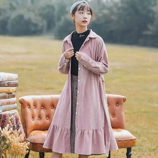 Mori Girl свободное вельветовое платье Осенняя зимняя одежда женская с длинными рукавами розовая длинная рубашка платья с оборками