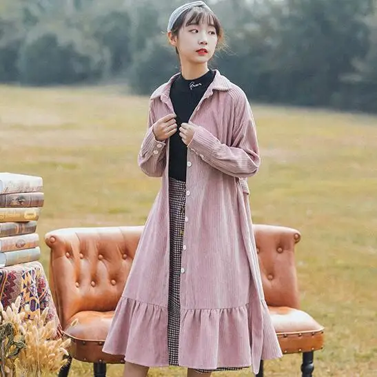 

Mori Girl Loose Corduroy Dress Autumn Winter Clothes Women Long Sleeved Pink Long Shirt Dresses Ruffles
